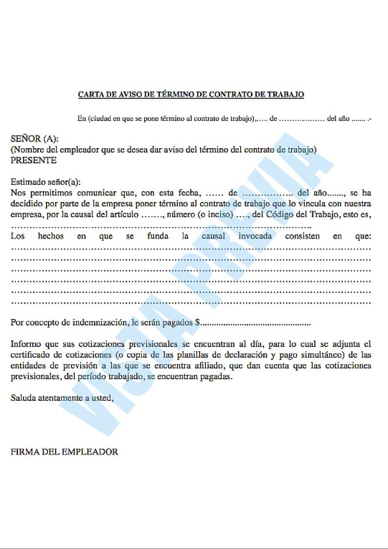 Modelo de carta de aviso de término de contrato de trabajo