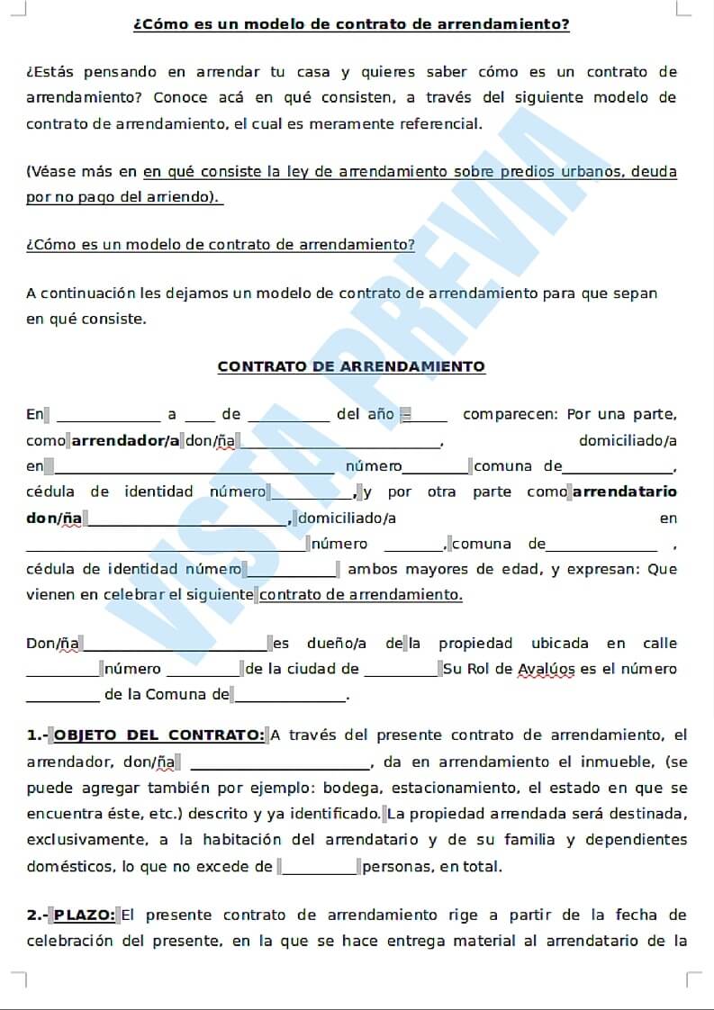 Imagen ejemplo de un modelo de contrato de arrendamiento
