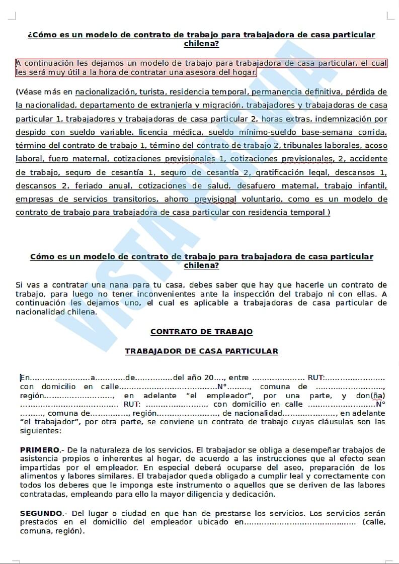 imagen ejemplo de contrato laboral para trabajadora de casa particular en Chile