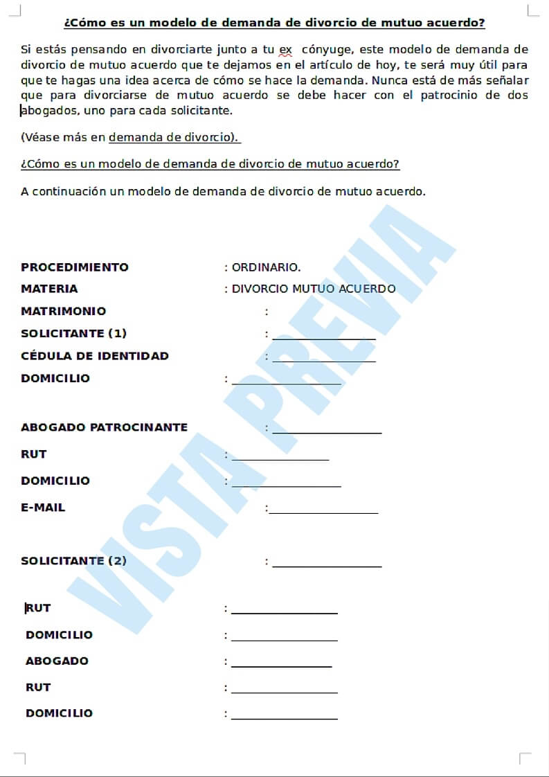Divorcio De Mutuo Acuerdo Y Modelo De Demanda