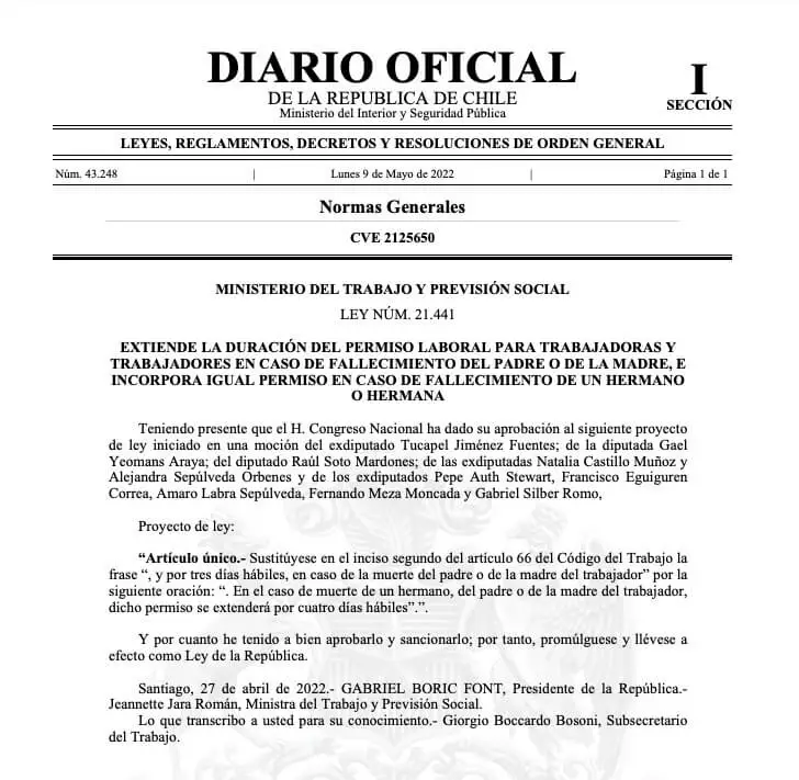 Publicación Ley 21441 en el Diario Oficial de Chile