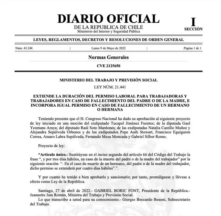 Permiso laboral pagado por fallecimiento de hijo, padres, cónyuges o  hermanos en Chile